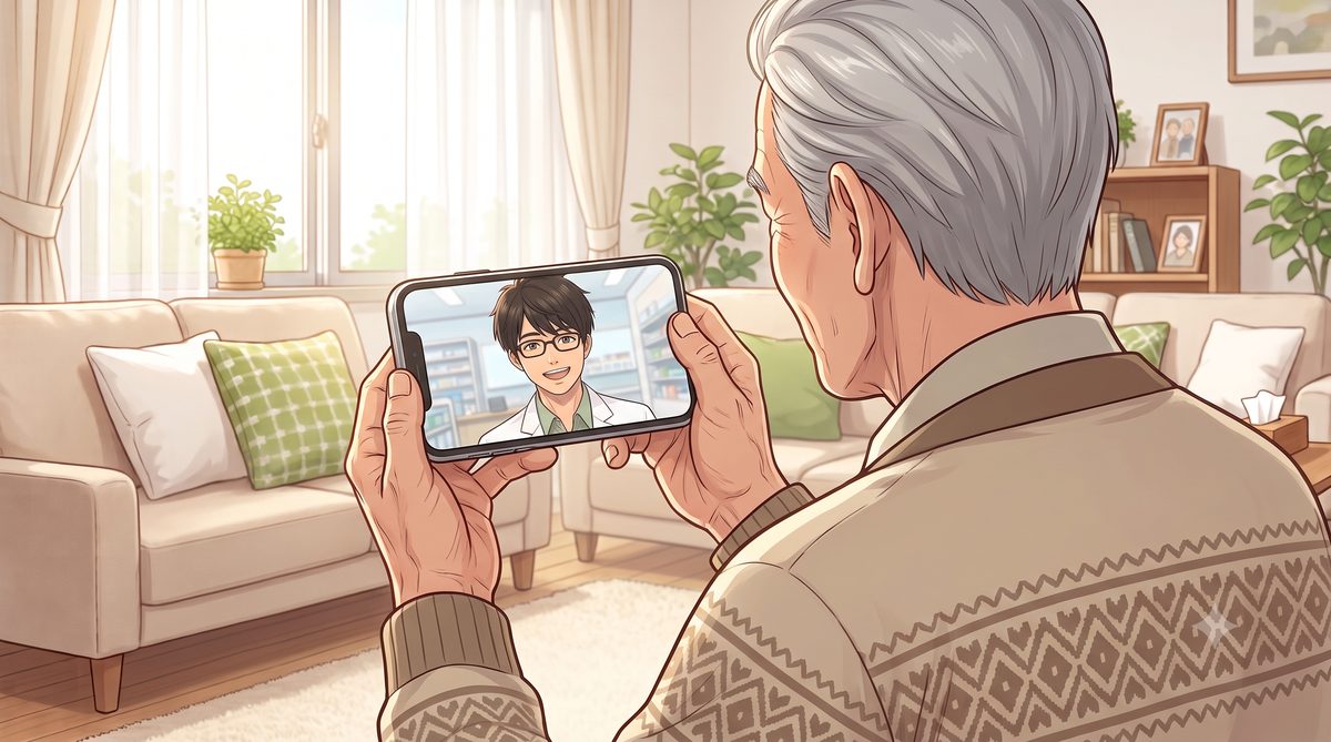 スマートフォンのビデオ通話で薬剤師と話している様子