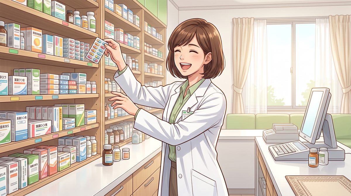 明るい薬局で働く薬剤師のイラスト